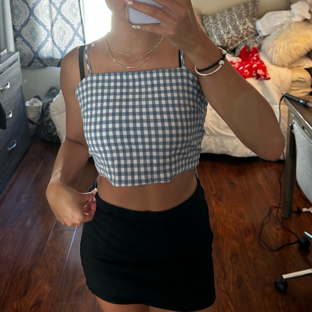 john galt crop top with tie in back, blue n white, S